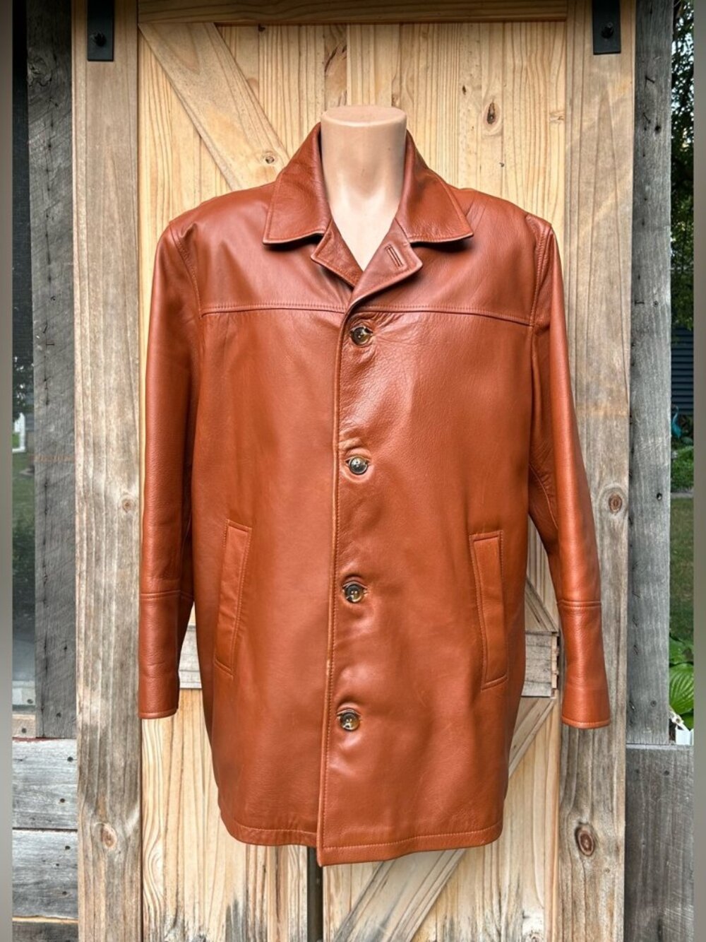 Orvis Mens Burnt Orange Genuine Leather Blazer Jacket Car Coat~L~